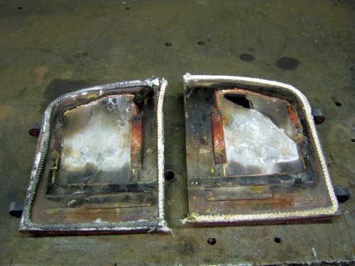 Inside of Yeoman stove doors before stripping down for refurbishment by  Fotheringhay Woodburners