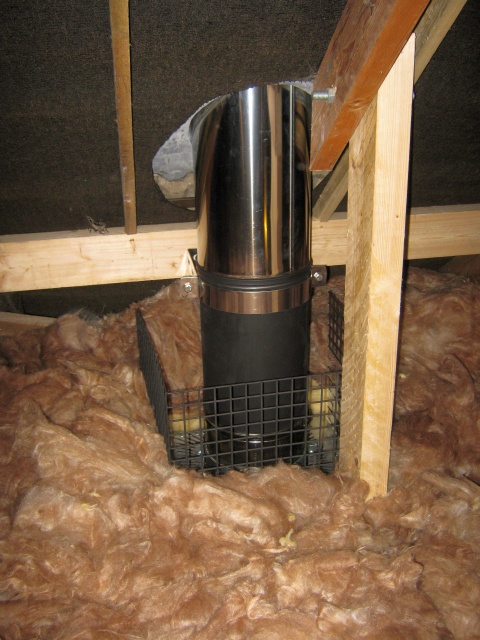 Mesh protection installed around twin wall insulated chimney system inside loft space