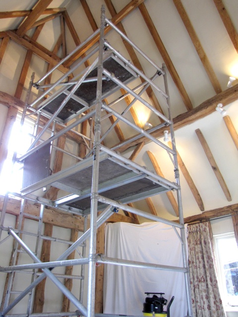 Preparing scaffold tower access for Fotheringhay Woodburners to install twin wall insulated stainless steel system chimney and contemporary stove