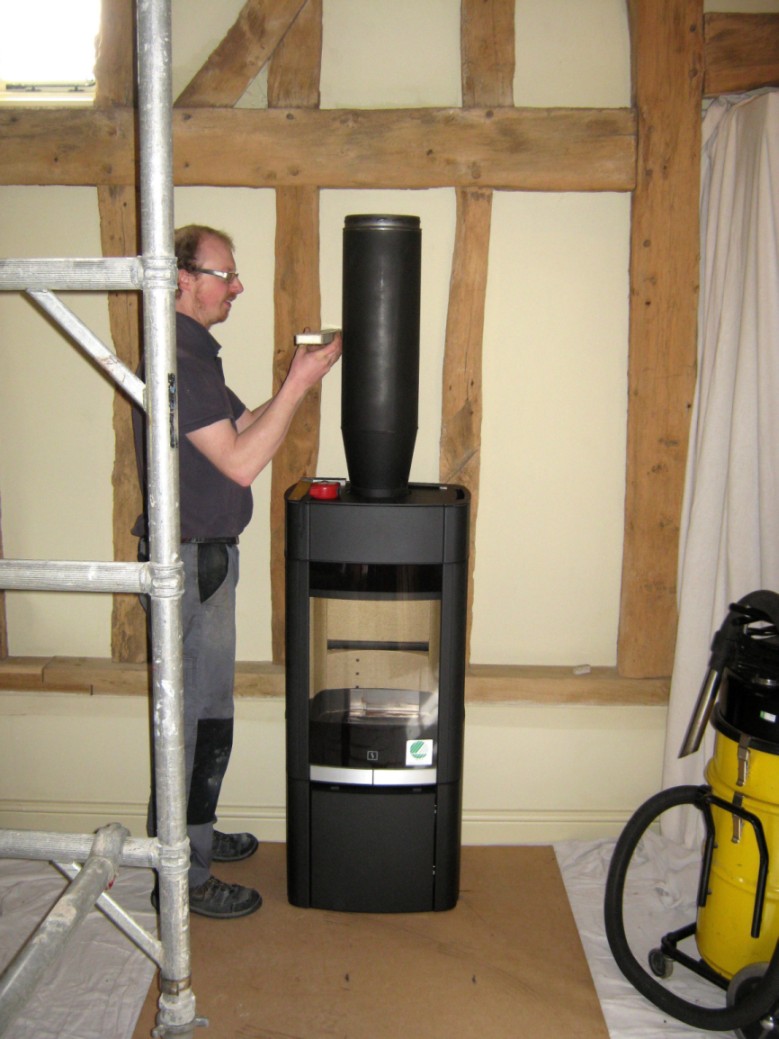 Setting out by HETAS installer from Fotheringhay Woodburners ready to install contemporary Scan woodburning stove